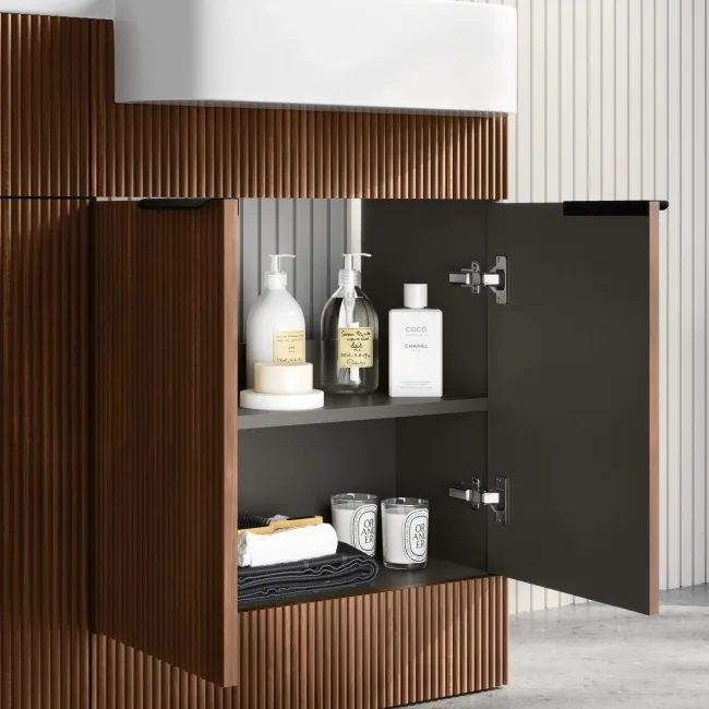 Sicily Fluted Black Walnut Basin Vanity and Back To Wall Toilet Unit 1200mm (Excludes Toilet) - Black Accents - Right Handed
