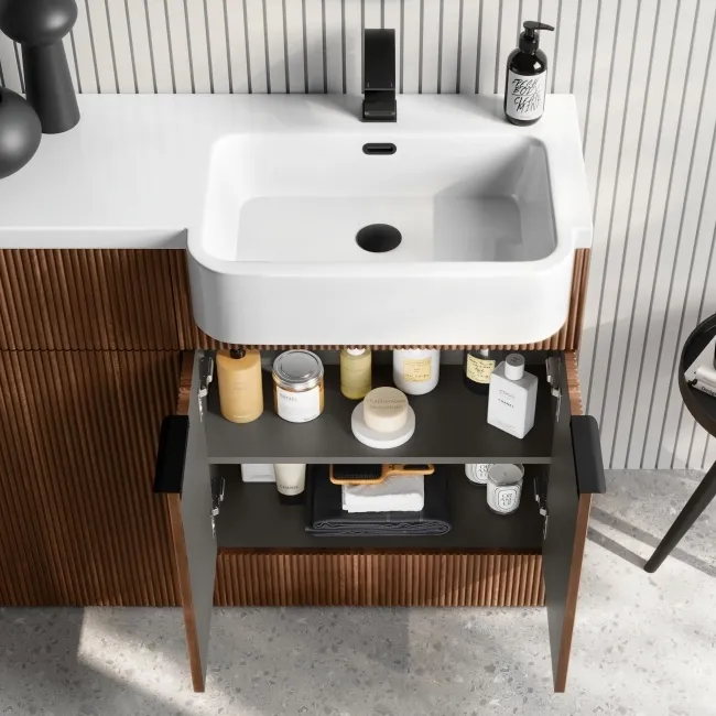 Sicily Fluted Black Walnut Combination Vanity Basin and Utah Comfort Height Toilet 1200mm - Black Accents - Right Handed