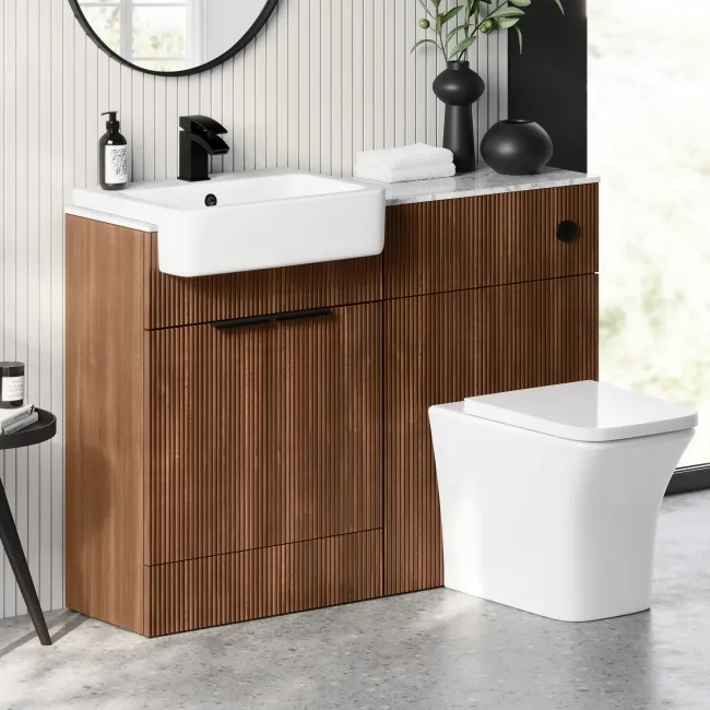 Sicily Fluted Black Walnut Combination Vanity Basin with Marble Top & Houston Toilet 1200mm - Black Accents