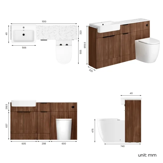 Sicily Fluted Black Walnut Combination Vanity Basin with Marble Top & Utah Comfort Height Toilet 1500mm - Black Accents