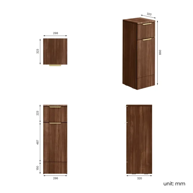 Sicily Fluted Black Walnut Side Cabinet Unit 300mm - Brushed Brass Accents