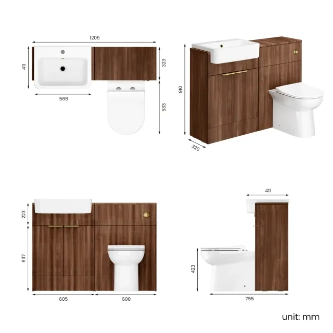 Sicily Fluted Black Walnut Combination Vanity Basin and Aruba Toilet 1200mm - Brushed Brass Accents