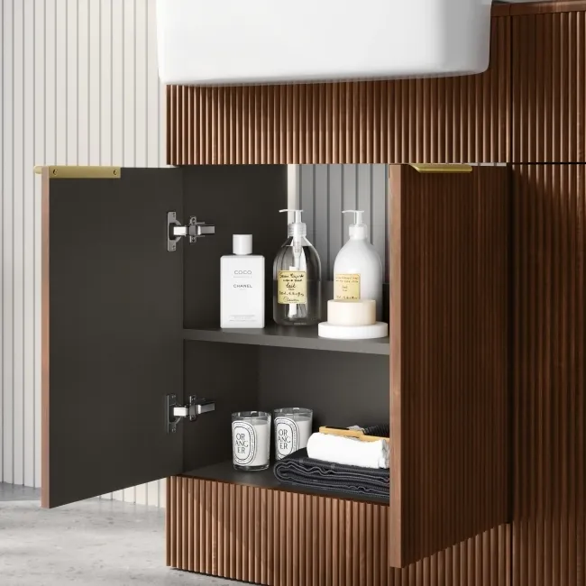 Sicily Fluted Black Walnut Combination Vanity Basin and Miami Toilet 1200mm - Brushed Brass Accents