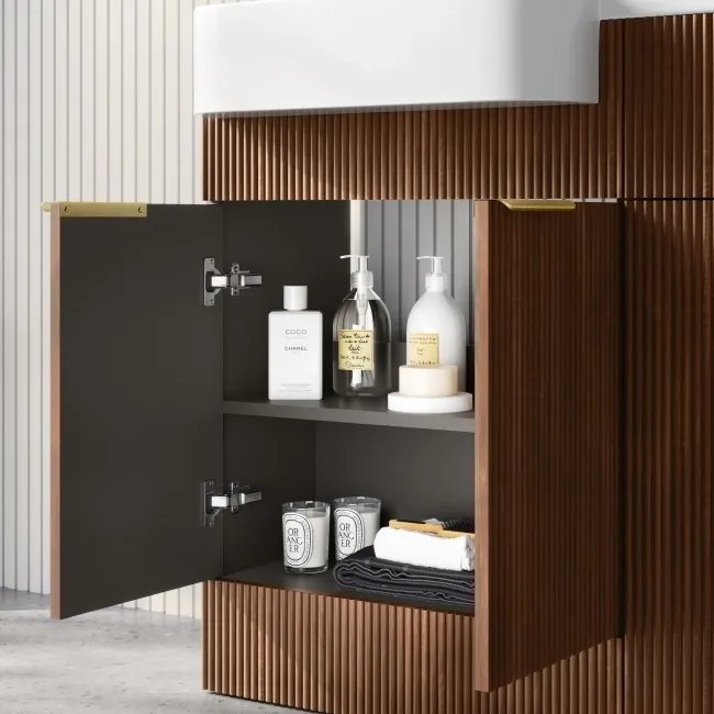 Sicily Fluted Black Walnut Basin Vanity and Back To Wall Toilet Unit 1200mm (Excludes Toilet) - Brushed Brass Accents - Left Handed