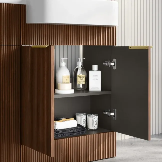 Sicily Fluted Black Walnut Combination Vanity Basin and Tucson Toilet 1200mm - Brushed Brass Accents - Right Handed