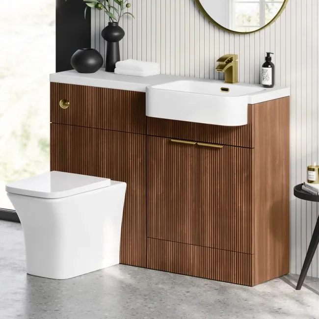 Sicily Fluted Black Walnut Combination Vanity Basin and Houston Toilet 1200mm - Brushed Brass Accents - Right Handed