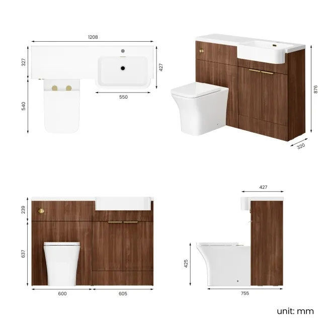 Sicily Fluted Black Walnut Combination Vanity Basin and Houston Toilet 1200mm - Brushed Brass Accents - Right Handed
