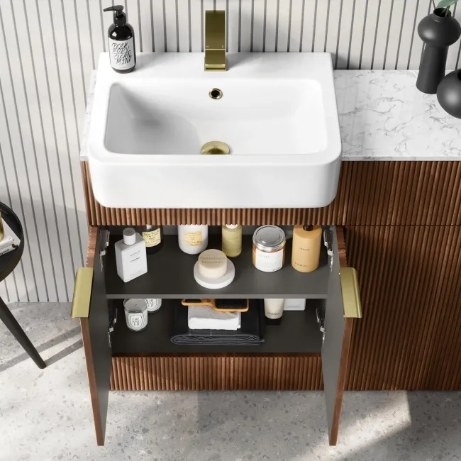 Sicily Fluted Black Walnut Vanity with Marble Top & Back To Wall Unit 1200mm (Excludes Toilet) - Brushed Brass Accents