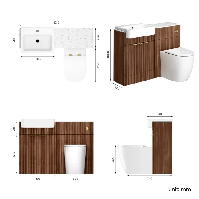 Sicily Fluted Black Walnut Combination Vanity Basin with Marble Top & Utah Comfort Height Toilet 1200mm - Brushed Brass Accents