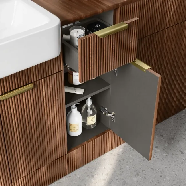 Sicily Fluted Black Walnut Combination Vanity Basin and Aruba Toilet 1500mm - Brushed Brass Accents
