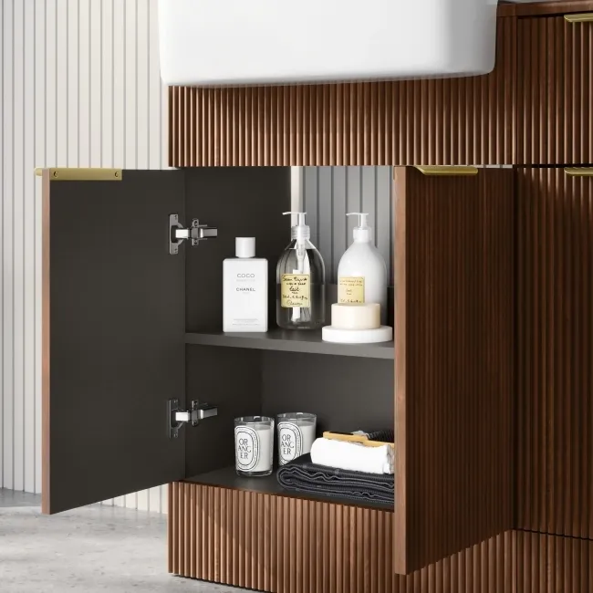 Sicily Fluted Black Walnut Combination Vanity Basin and Miami Toilet 1500mm - Brushed Brass Accents