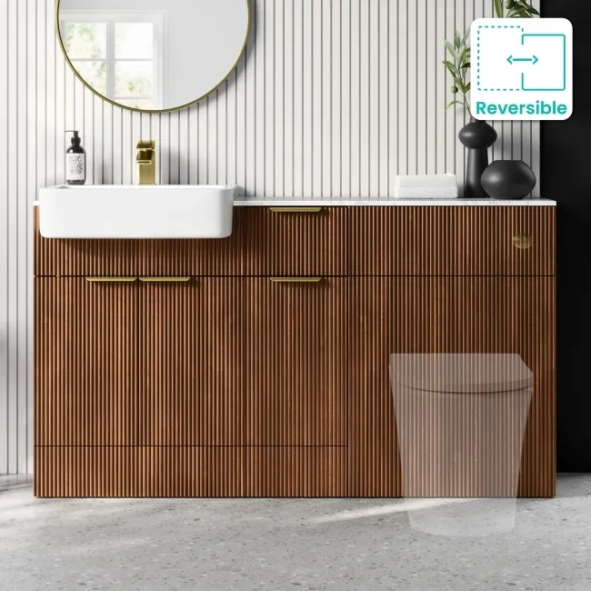 Sicily Fluted Black Walnut Combination Vanity Basin with Marble Top 1500mm (Excludes Toilet) - Brushed Brass Accents