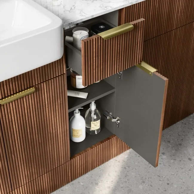 Sicily Fluted Black Walnut Combination Vanity Basin with Marble Top & Houston Toilet 1500mm - Brushed Brass Accents