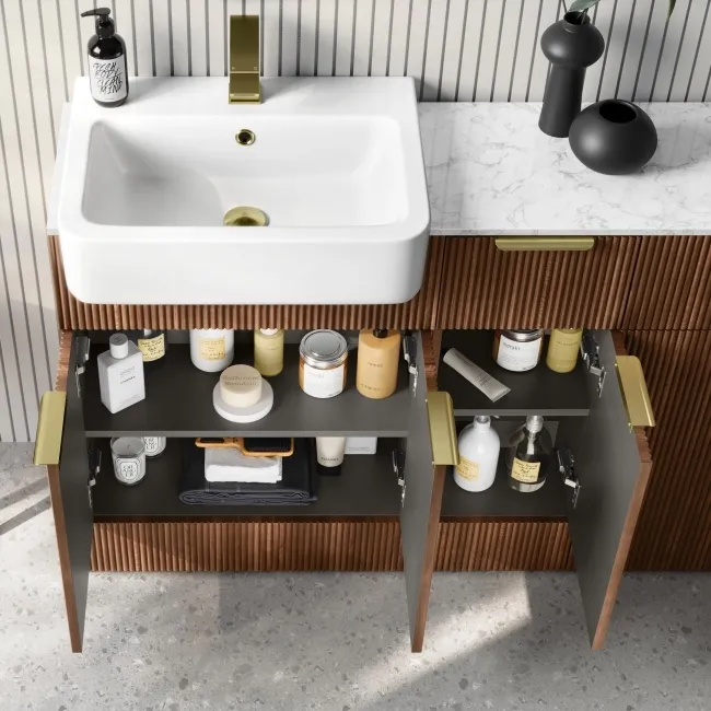 Sicily Fluted Black Walnut Combination Vanity Basin with Marble Top & Houston Toilet 1500mm - Brushed Brass Accents