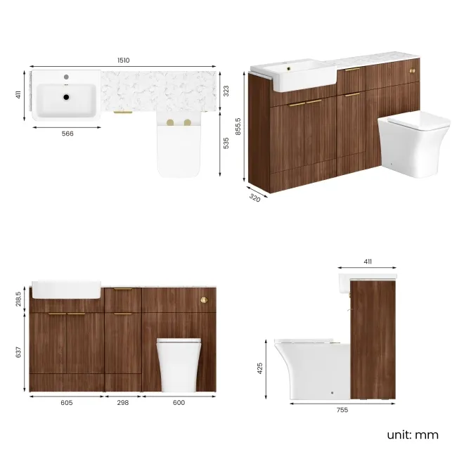 Sicily Fluted Black Walnut Combination Vanity Basin with Marble Top & Houston Toilet 1500mm - Brushed Brass Accents