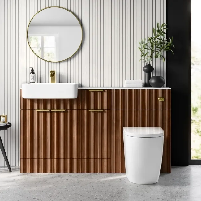 Sicily Fluted Black Walnut Combination Vanity Basin with Marble Top & Utah Comfort Height Toilet 1500mm - Brushed Brass Accents