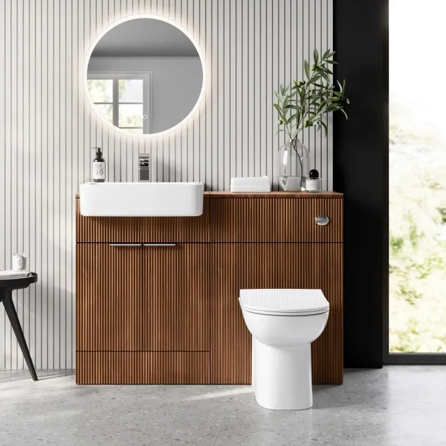 Sicily Fluted Black Walnut Vanity with Semi Recessed Basin 600mm - Chrome Handles