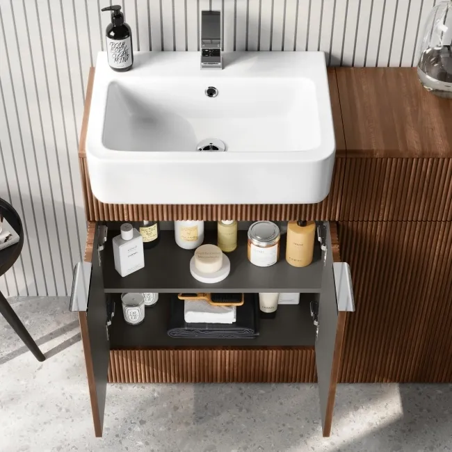 Sicily Fluted Black Walnut Vanity with Semi Recessed Basin 600mm - Chrome Handles