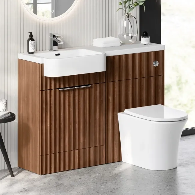 Sicily Fluted Black Walnut Combination Vanity Basin and Tucson Toilet 1200mm - Chrome Handles - Left Handed