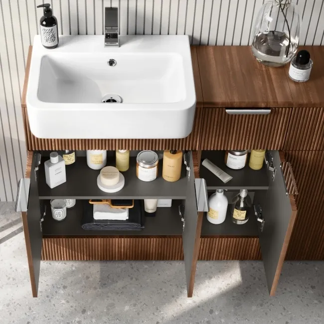 Sicily Fluted Black Walnut Combination Vanity Basin and Aruba Toilet 1500mm - Chrome Handles