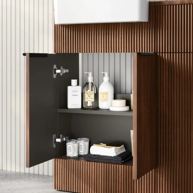 Sicily Fluted Black Walnut Vanity and Back To Wall Toilet Unit 1000mm (Excludes Toilet) - Black Accents