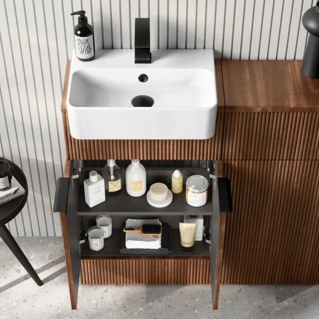 Sicily Fluted Black Walnut Vanity and Back To Wall Toilet Unit 1000mm (Excludes Toilet) - Black Accents