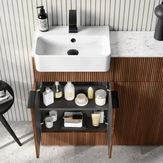 Sicily Fluted Black Walnut Basin Vanity with Marble Top & Back To Wall Unit 1000mm (Excludes Toilet) - Black Accents