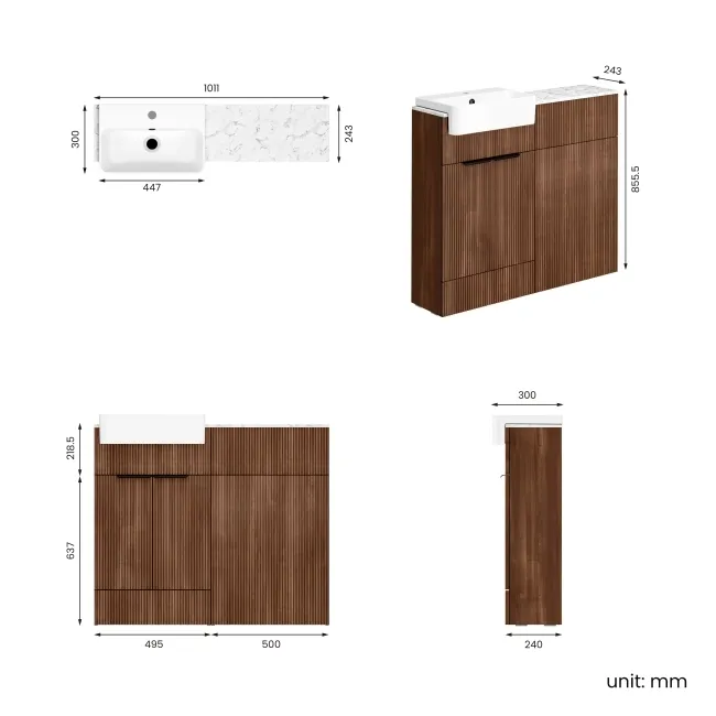 Sicily Fluted Black Walnut Basin Vanity with Marble Top & Back To Wall Unit 1000mm (Excludes Toilet) - Black Accents