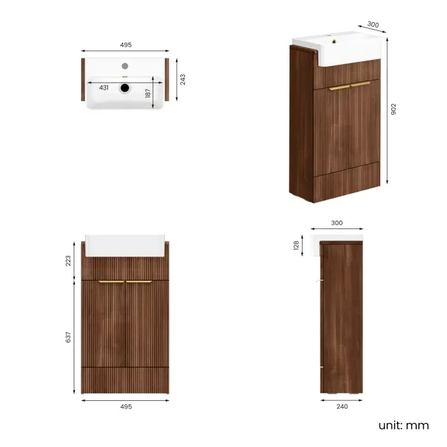 Sicily Fluted Black Walnut Vanity with Semi Recessed Basin 500mm - Brushed Brass Accents