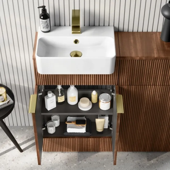 Sicily Fluted Black Walnut Vanity and Back To Wall Toilet Unit 1000mm (Excludes Toilet) - Brushed Brass Accents