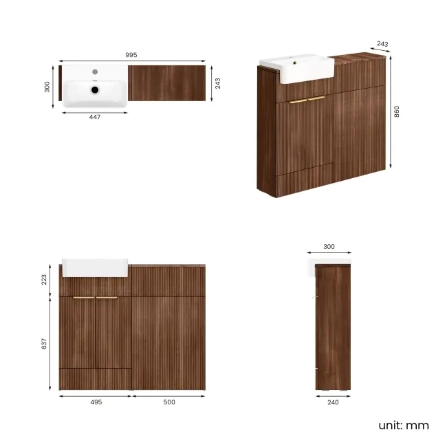 Sicily Fluted Black Walnut Vanity and Back To Wall Toilet Unit 1000mm (Excludes Toilet) - Brushed Brass Accents