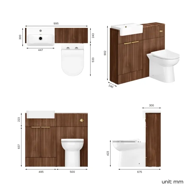 Sicily Fluted Black Walnut Combination Vanity Basin and Aruba Toilet 1000mm - Brushed Brass Accents