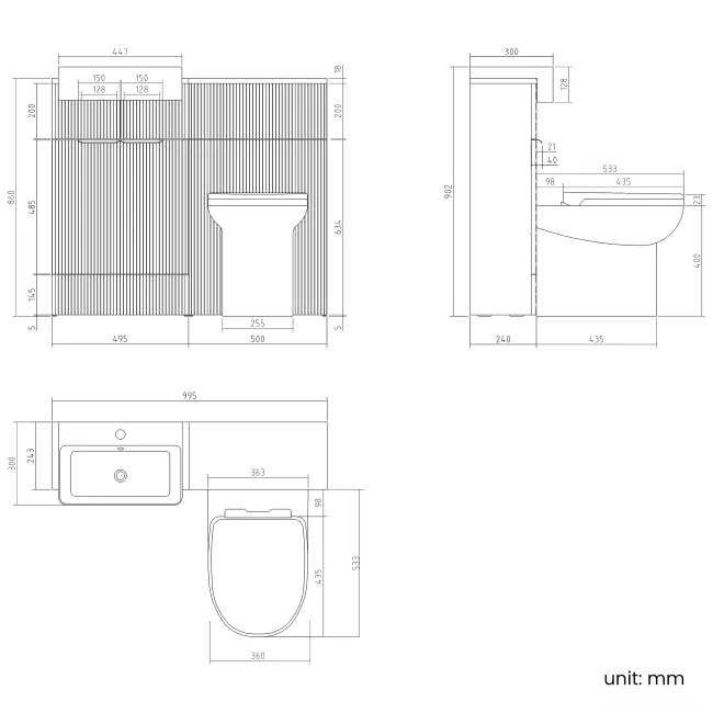 Sicily Fluted Black Walnut Combination Vanity Basin and Aruba Toilet 1000mm - Brushed Brass Accents