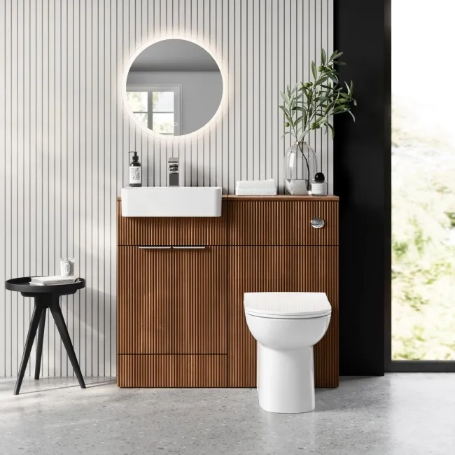 Sicily Fluted Black Walnut Combination Vanity Basin and Aruba Toilet 1000mm - Chrome Handles