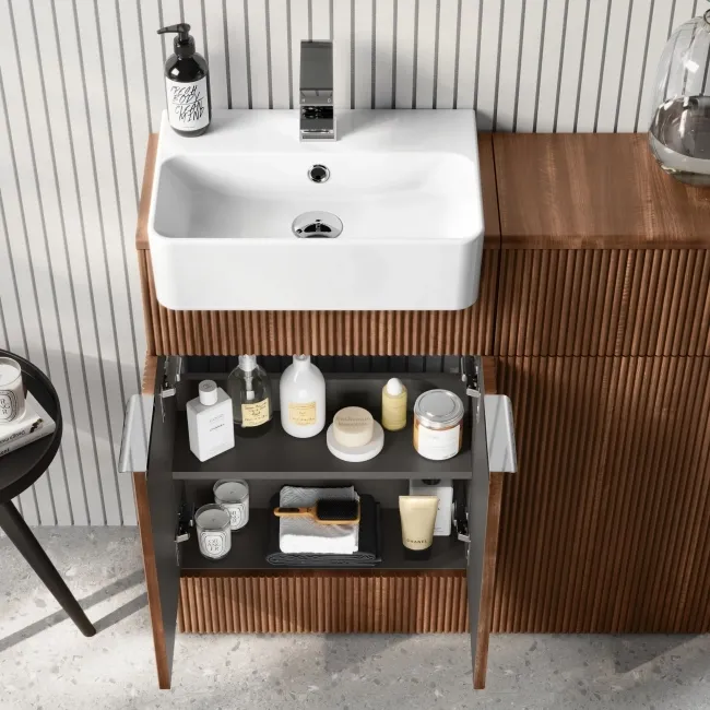 Sicily Fluted Black Walnut Combination Vanity Basin and Aruba Toilet 1000mm - Chrome Handles