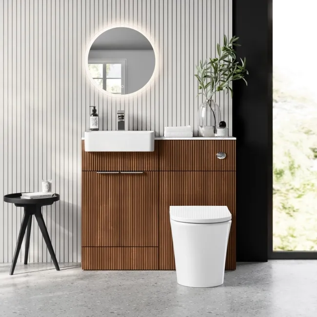 Sicily Fluted Black Walnut Combination Vanity Basin with Marble Top & Tucson Toilet 1000mm - Chrome Handles