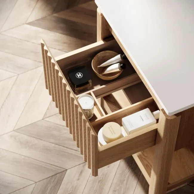 Maru Oak Wood Grain Vanity Cabinet 600mm with Matt White Stone Top - Basin Not Included