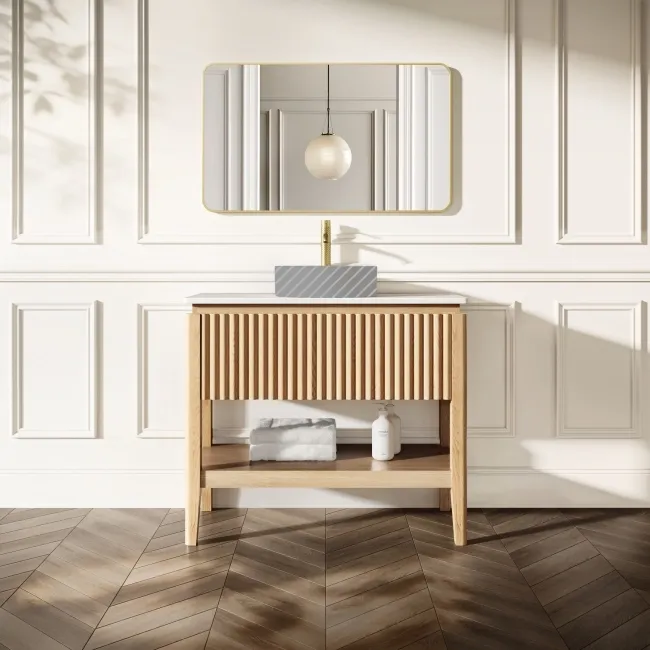 Maru Oak Wood Grain Vanity Cabinet 1000mm with Matt White Stone Top - Basin Not Included