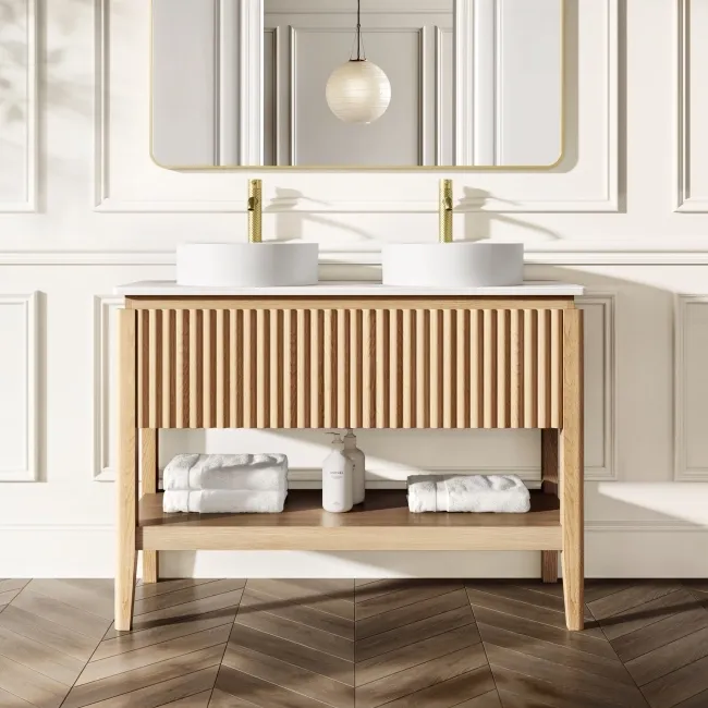 Maru Oak Wood Grain Vanity Cabinet 1200mm with Matt White Stone Top - Basin Not Included