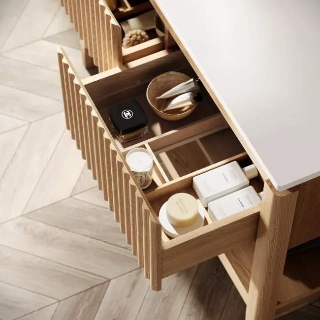 Maru Oak Wood Grain Vanity Cabinet 1200mm with Matt White Stone Top - Basin Not Included