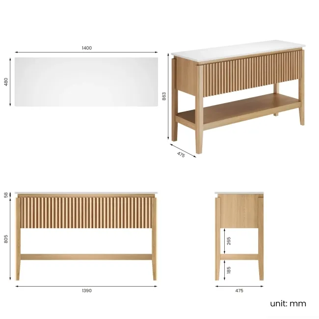Maru Oak Wood Grain Vanity Cabinet 1400mm with Matt White Stone Top - Basin Not Included