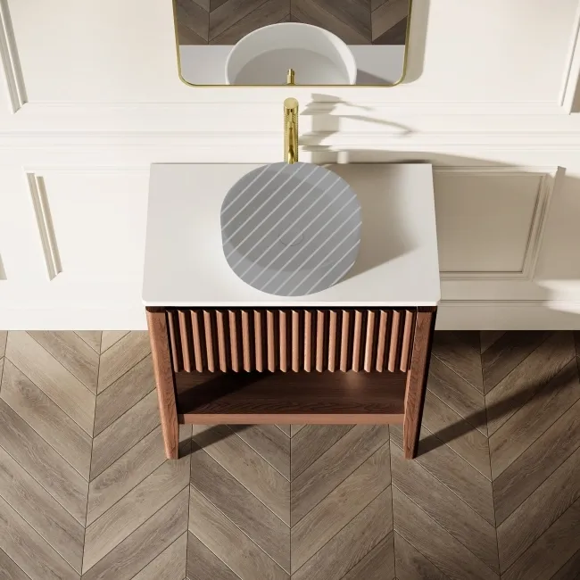 Maru Walnut Wood Grain Vanity Cabinet 800mm with Matt White Stone Top - Basin Not Included