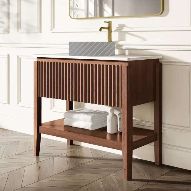 Maru Walnut Wood Grain Vanity Cabinet 1000mm with Matt White Stone Top - Basin Not Included
