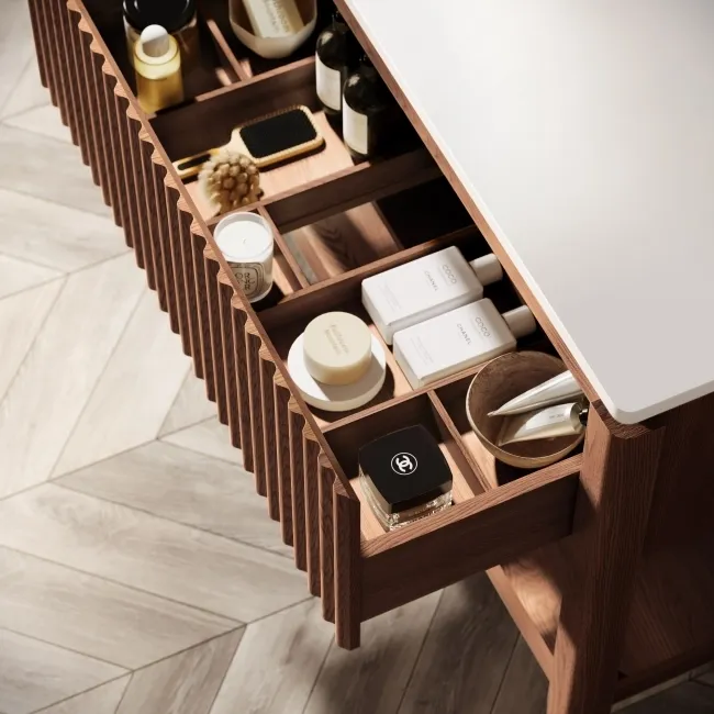 Maru Walnut Wood Grain Vanity Cabinet 1000mm with Matt White Stone Top - Basin Not Included
