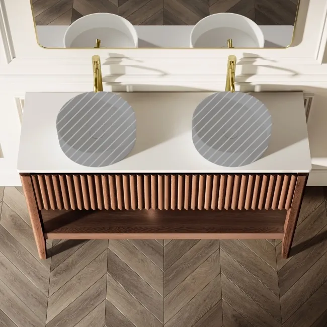 Maru Walnut Wood Grain Vanity Cabinet 1400mm with Matt White Stone Top - Basin Not Included