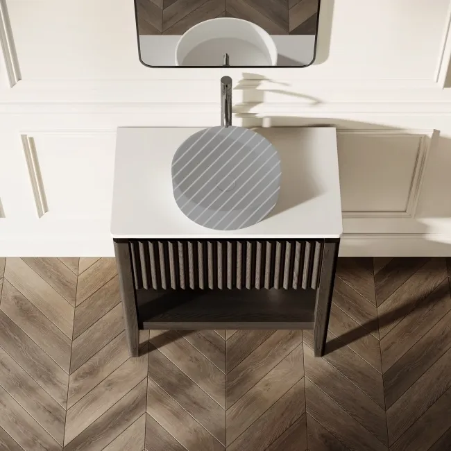 Maru Black Oak Wood Grain Vanity Cabinet 800mm with Matt White Stone Top - Basin Not Included