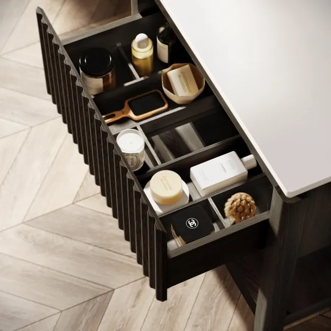 Maru Black Oak Wood Grain Vanity Cabinet 800mm with Matt White Stone Top - Basin Not Included