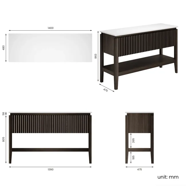 Maru Black Oak Wood Grain Vanity Cabinet 1400mm with Matt White Stone Top - Basin Not Included