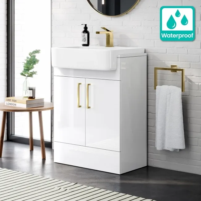 100% Waterproof - Harper Gloss White PVC Vanity with Semi Recessed Basin 600mm - Brushed Brass Accents