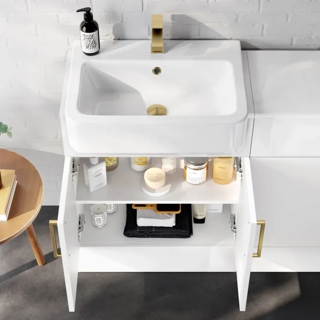 100% Waterproof - Harper Gloss White PVC Basin Vanity and Back To Wall Toilet Unit 1200mm (Excludes Toilet) - Brushed Brass Accents